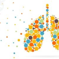 An illustration of a pair of lungs that are filled with various circles of different colour and size. Some smaller circles are floating outside of the lungs. Image Credit: National Health Service. Metagenomic testing for diagnosis and surveillance