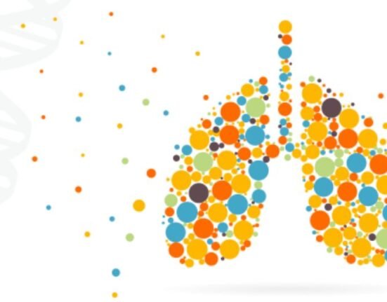 An illustration of a pair of lungs that are filled with various circles of different colour and size. Some smaller circles are floating outside of the lungs. Image Credit: National Health Service. Metagenomic testing for diagnosis and surveillance