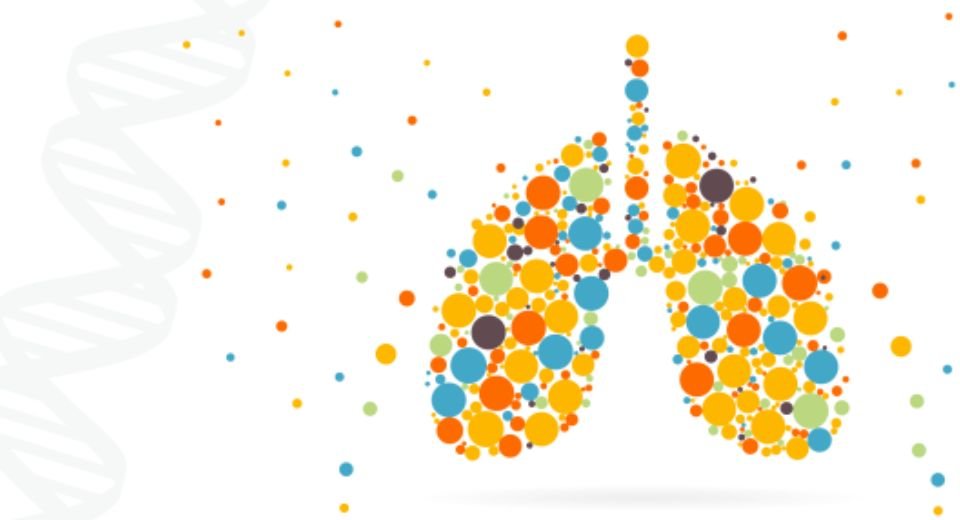 An illustration of a pair of lungs that are filled with various circles of different colour and size. Some smaller circles are floating outside of the lungs. Image Credit: National Health Service. Metagenomic testing for diagnosis and surveillance